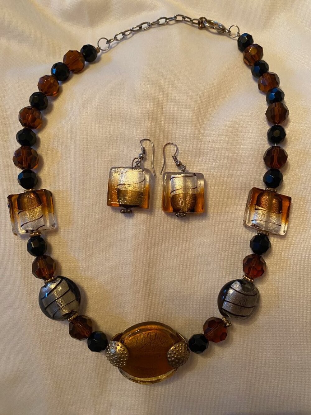 Artisan Lampwork Glass Foil necklace & earring set Amber tone